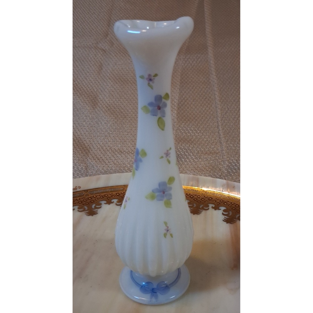Fenton Milk Glass Bud Vase Hand Painted Floral Valory Shuck Ruffled 6.75in